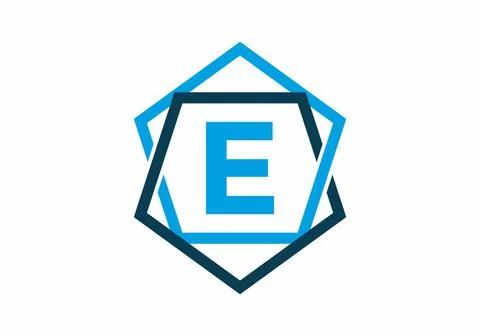 Blue color of initial letter E in pentagon frame Stock Illustration