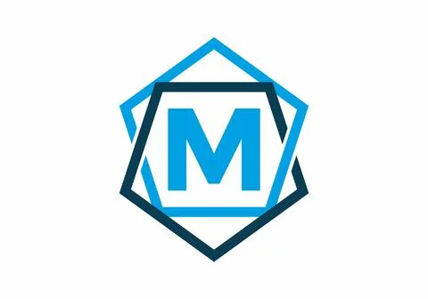 Blue color of initial letter M in pentagon frame Stock Illustration