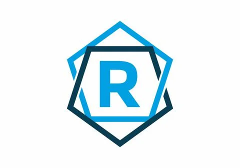 Blue color of initial letter R in pentagon frame Stock Illustration