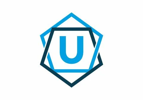 Blue color of initial letter U in pentagon frame Stock Illustration