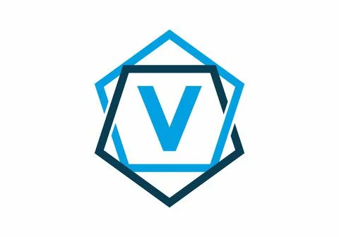 Blue color of initial letter V in pentagon frame Stock Illustration