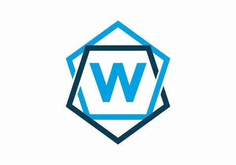 Blue color of initial letter W in pentagon frame Stock Illustration