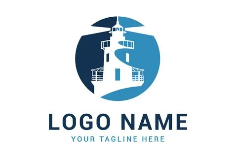 Blue Color Negative Space Lighthouse Logo Design	 Stock Illustration