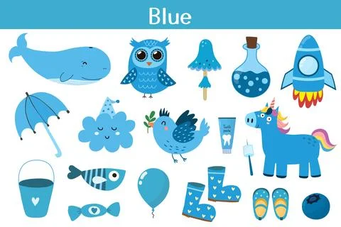 Blue color objects set. Learning colors for kids. Cute elements collection Stock Illustration