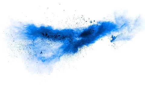 Blue color powder explosion cloud on white background.Blue dust particles s.. 写真素材