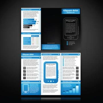 Blue-colored brochure template with tablet pc illustration. Useful for produc Stock Illustration