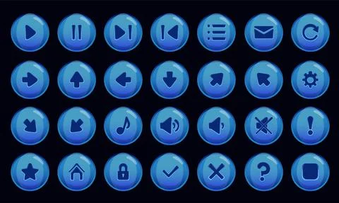 Blue colored buttons and graphical interface icons for games 스톡 일러스트