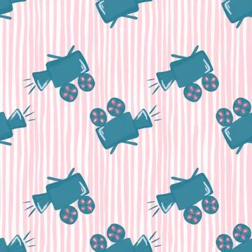 Blue colored camera shapes seamless pattern. Cinema simple elements on pink a 스톡 일러스트