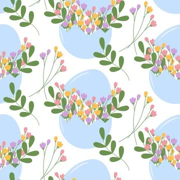 Blue Colored Easter Egg Shell with flower bouquet in and twigs around Springtime Stock Illustration