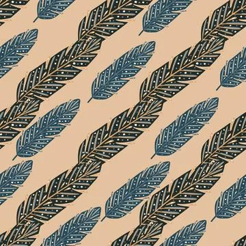 Blue colored ethnic feather elements seamless pattern. Light beige background Illustrazione stock