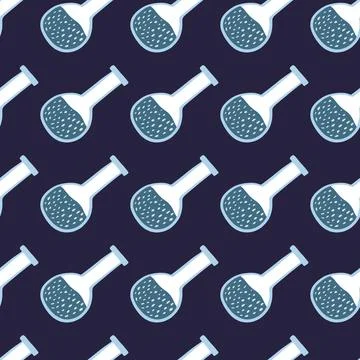 Blue colored flask seamless doodle pattern. Navy blue background. Chemical st Stockillustratie