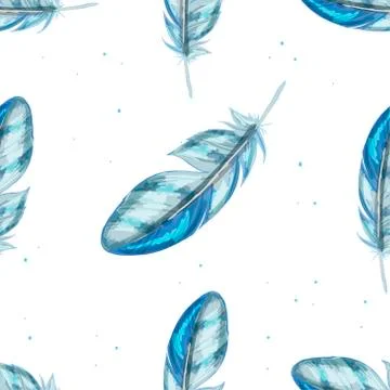 Blue colored seamless feather pattern. Seamless background with feathers  Illustrazione stock