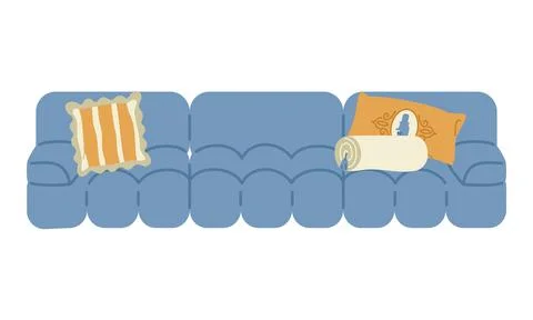 Blue comfortable sofa with decorative pillows and rolled blanket Ilustración de archivo