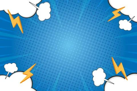 Blue Comic Background Frame with Lightning Bolts and Cloud Elements イラスト素材