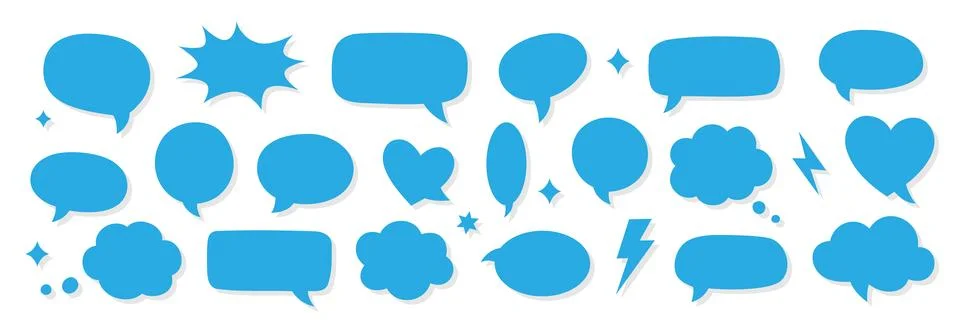 Blue comic speech bubbles and thought clouds. Cartoon talk balloons for Stock Illustration