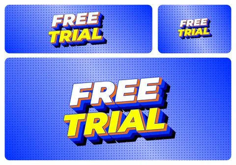 Blue comic style banner set with bold 3d free trial text, halftone dots bac.. Stock Illustration