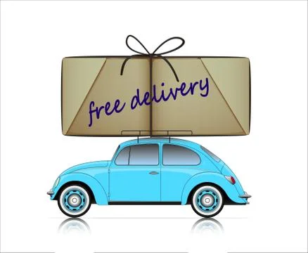 Blue compact car with free delivery parcel Stock Illustration