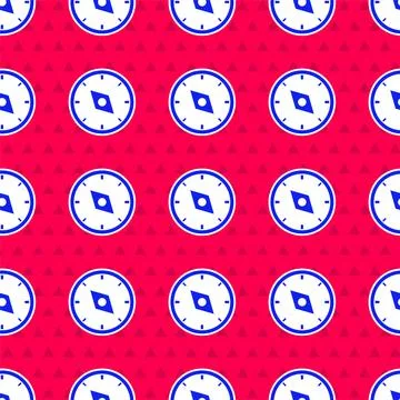 Blue Compass icon isolated seamless pattern on red background. Windrose 스톡 일러스트