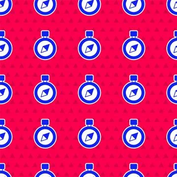 Blue Compass icon isolated seamless pattern on red background. Windrose navig 스톡 일러스트