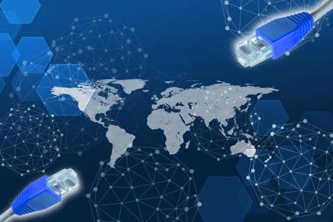 Blue computer cables with world map Stock Illustration