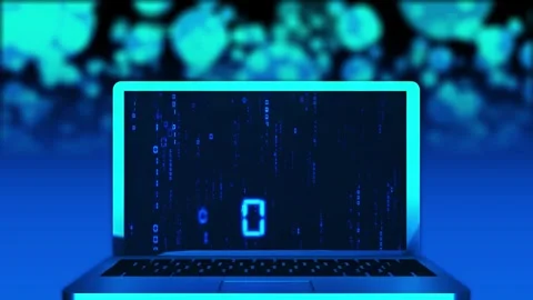 Blue computer coding visual open laptop, luminous screen, falling data marks, bl Stock Footage 340528229