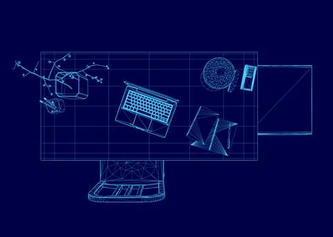 Blue computer desk with a laptop, keyboard, mouse, and a cell phone. The desk is Stock Illustration