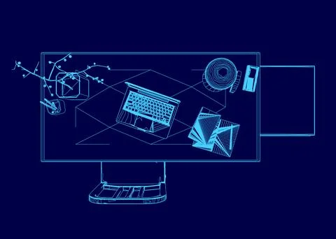 Blue computer desk with a laptop, keyboard, mouse, and a cell phone. The desk is イラスト素材