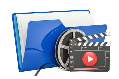 Blue computer folder icon with film reel and clapperboard, 3D rendering Illustrazione stock