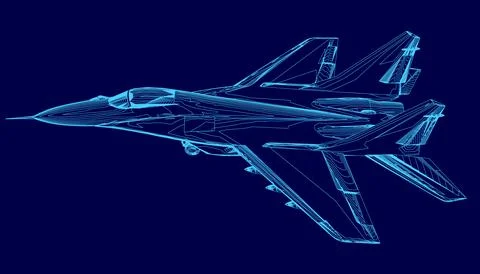 Blue computer generated image of a fighter jet. The jet is in the middle of the Stock Illustration