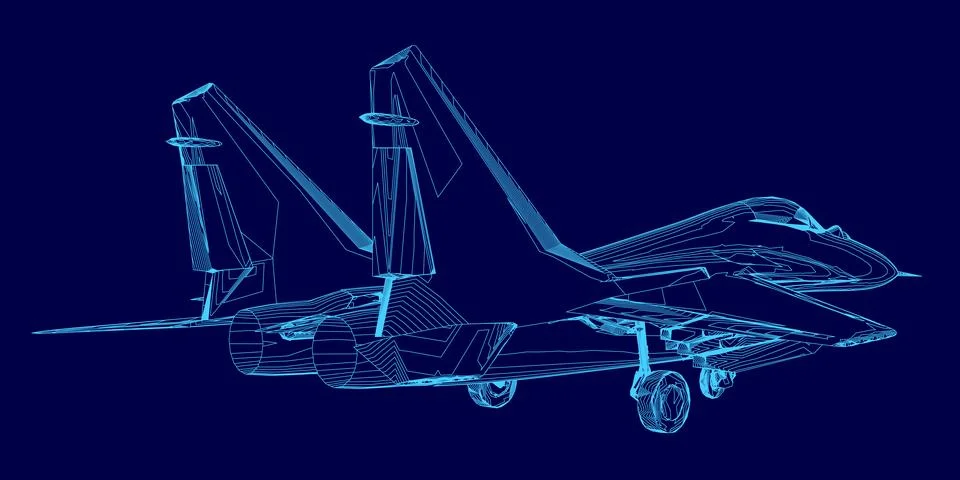 Blue computer generated image of a fighter jet. The jet is in the air and has a Stock Illustration