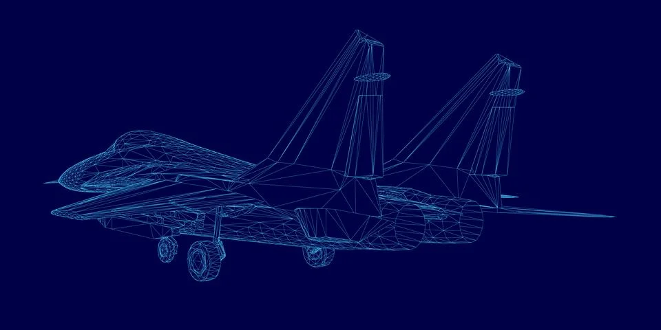 Blue computer generated image of a fighter jet. The jet is in the middle of the Stock Illustration