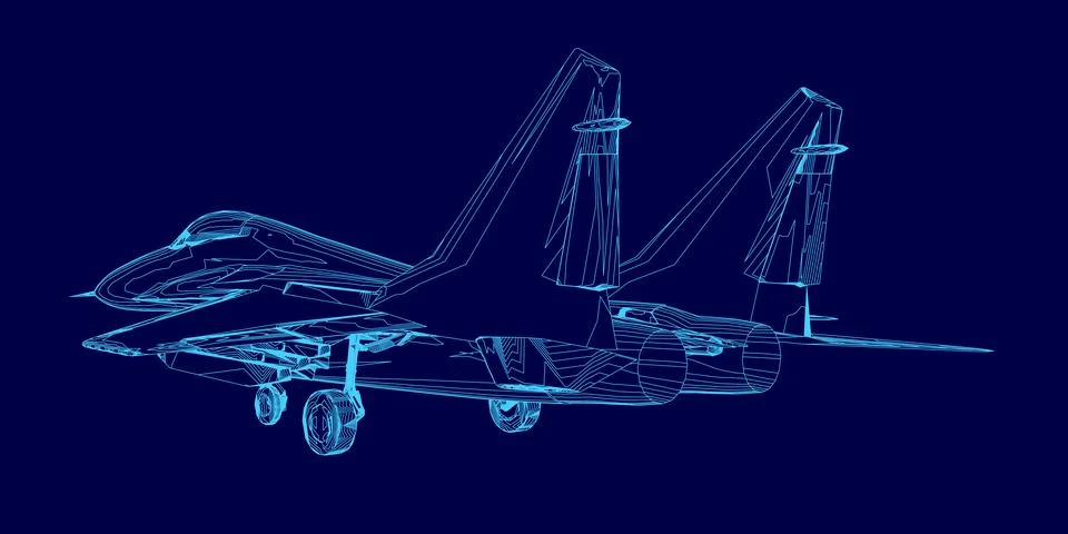 Blue computer generated image of a fighter jet. The jet is in the air and has a Stock Illustration