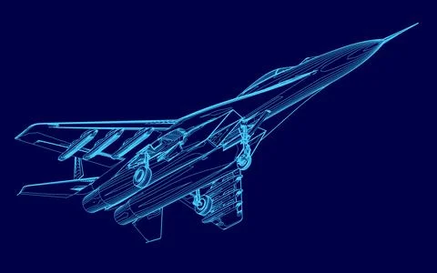 Blue computer generated image of a fighter jet. The jet is in the air and has a Stock Illustration