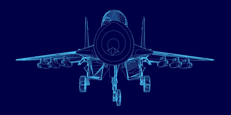 Blue computer generated image of a jet plane. The jet is in the middle of the Stock Illustration