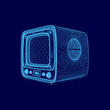 Blue computer generated image of a television. The television is turned off and Illustrazione stock