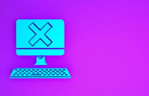 Blue Computer with keyboard and x mark icon isolated on purple background. Er Illustrazione stock