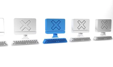 Blue Computer with keyboard and x mark icon isolated on white background. Err イラスト素材