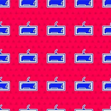 Blue Computer keyboard icon isolated seamless pattern on red background. PC Stock Illustration