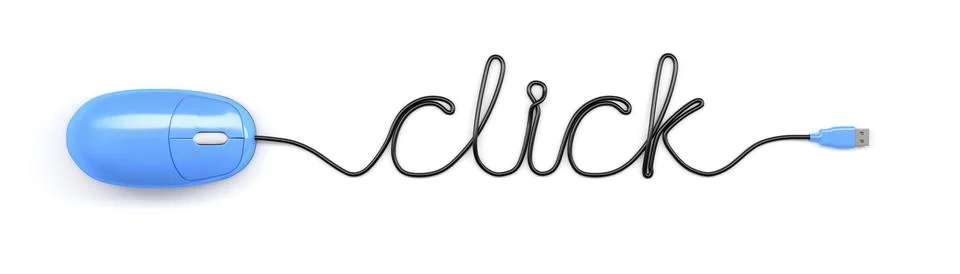 A blue computer mouse and the word click formed by the cable Stock Illustration