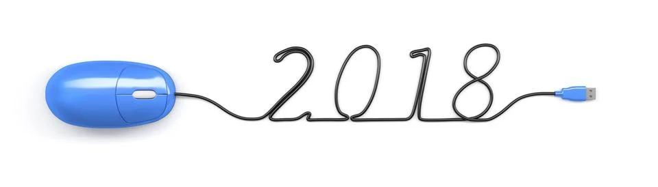 A blue computer mouse building the number 2018 with the cable Stock Illustration