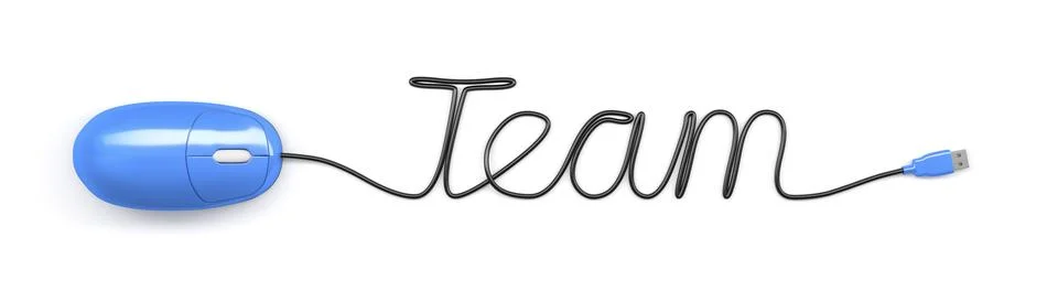 A blue computer mouse building the word team with the cable Stock Illustration