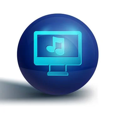 Blue Computer with music note symbol on screen icon isolated on white background Illustrazione stock