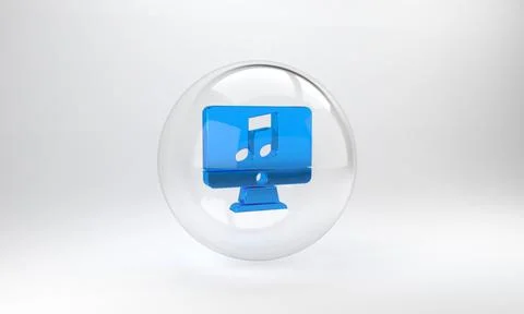 Blue Computer with music note symbol on screen icon isolated on grey backgrou Stock Illustration
