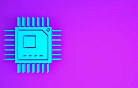 Blue Computer processor with microcircuits CPU icon isolated on purple backgr Illustrazione stock