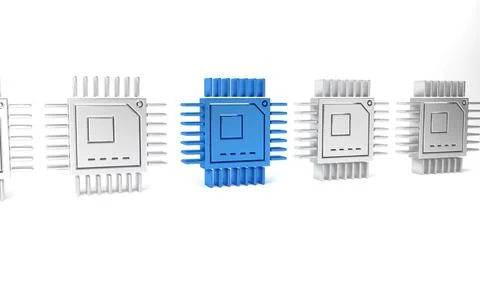 Blue Computer processor with microcircuits CPU icon isolated on white backg.. Stock Illustration