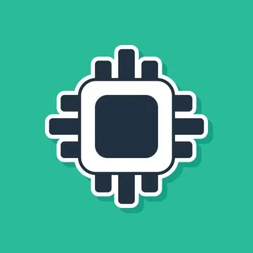 Blue Computer processor with microcircuits CPU icon isolated on green backg.. Stock Illustration