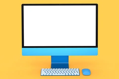 Blue computer screen display with keyboard and mouse isolated on orange Stock Illustration