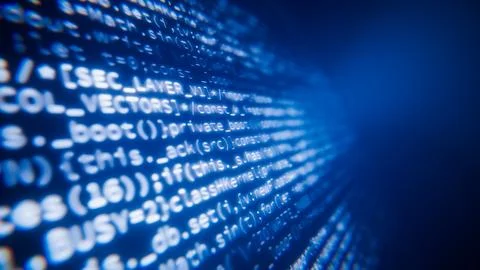 Blue computer screen displaying lines of programming code for data processing Stock Illustration