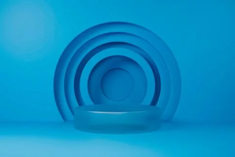 Blue concentric circular wall behind 3D product podium. Stock Illustration