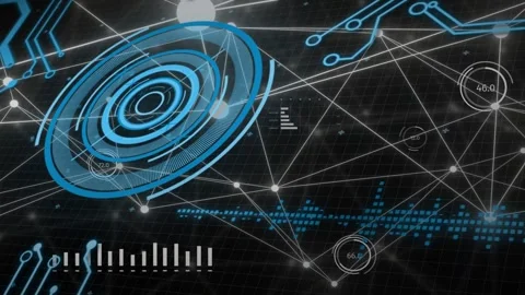 Blue concentric HUD disc appearing rotating pulsing linking nodes redrawing mesh Stock Footage 335761696
